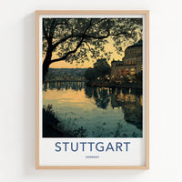 Stuttgart Poster - Germany Travel Art - Dusk lake building Home Decor