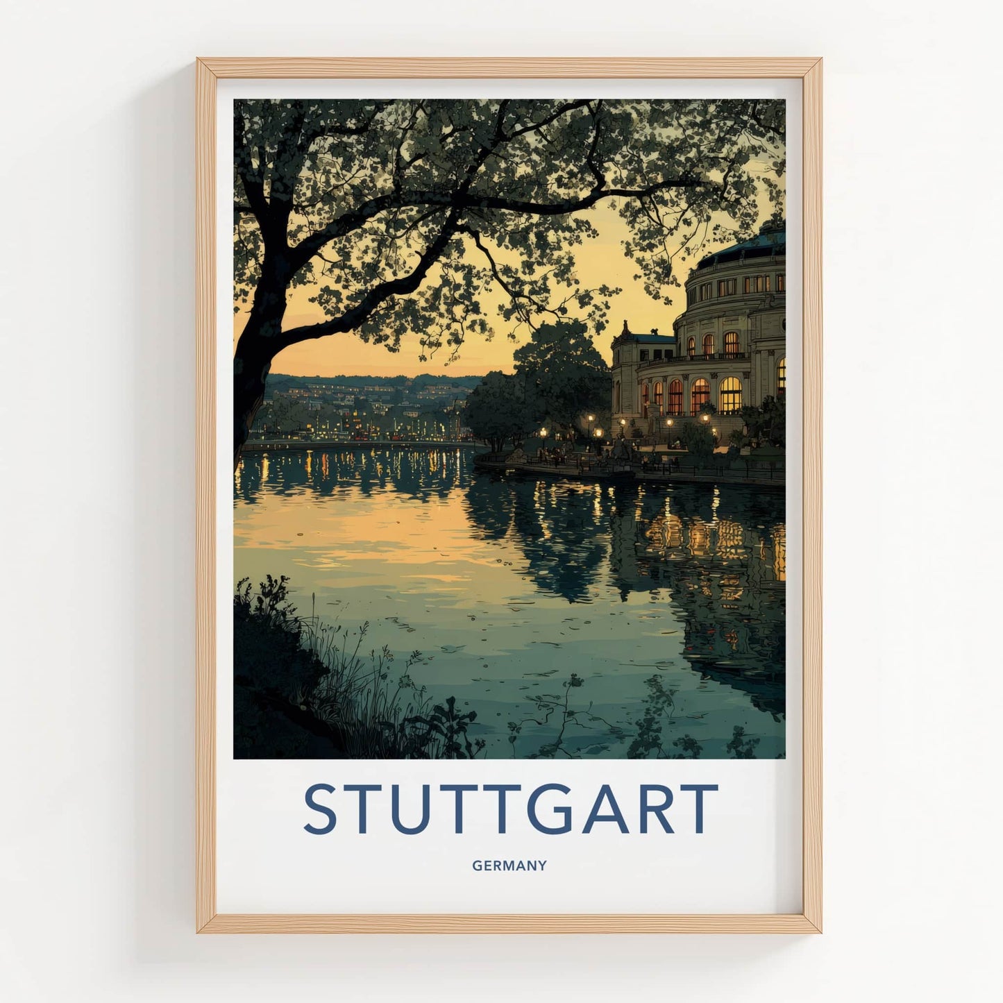 Stuttgart Poster - Germany Travel Art - Dusk lake building Home Decor