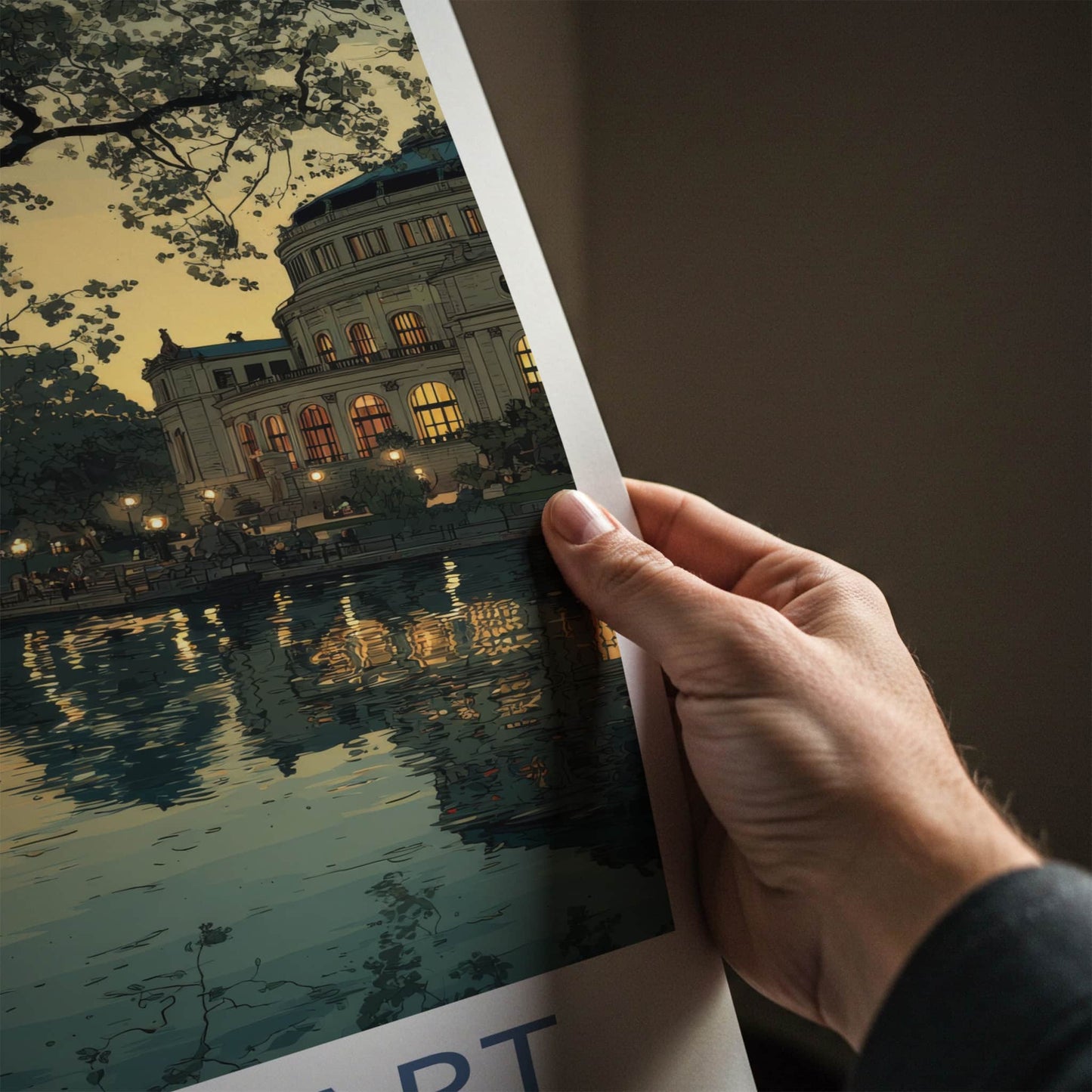Stuttgart Poster - Germany Travel Art - Dusk lake building Home Decor