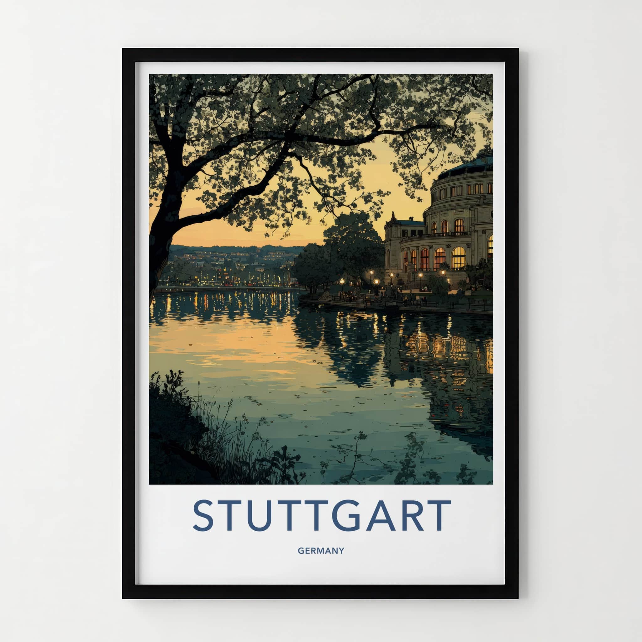 Stuttgart Poster - Germany Travel Art - Dusk lake building Home Decor