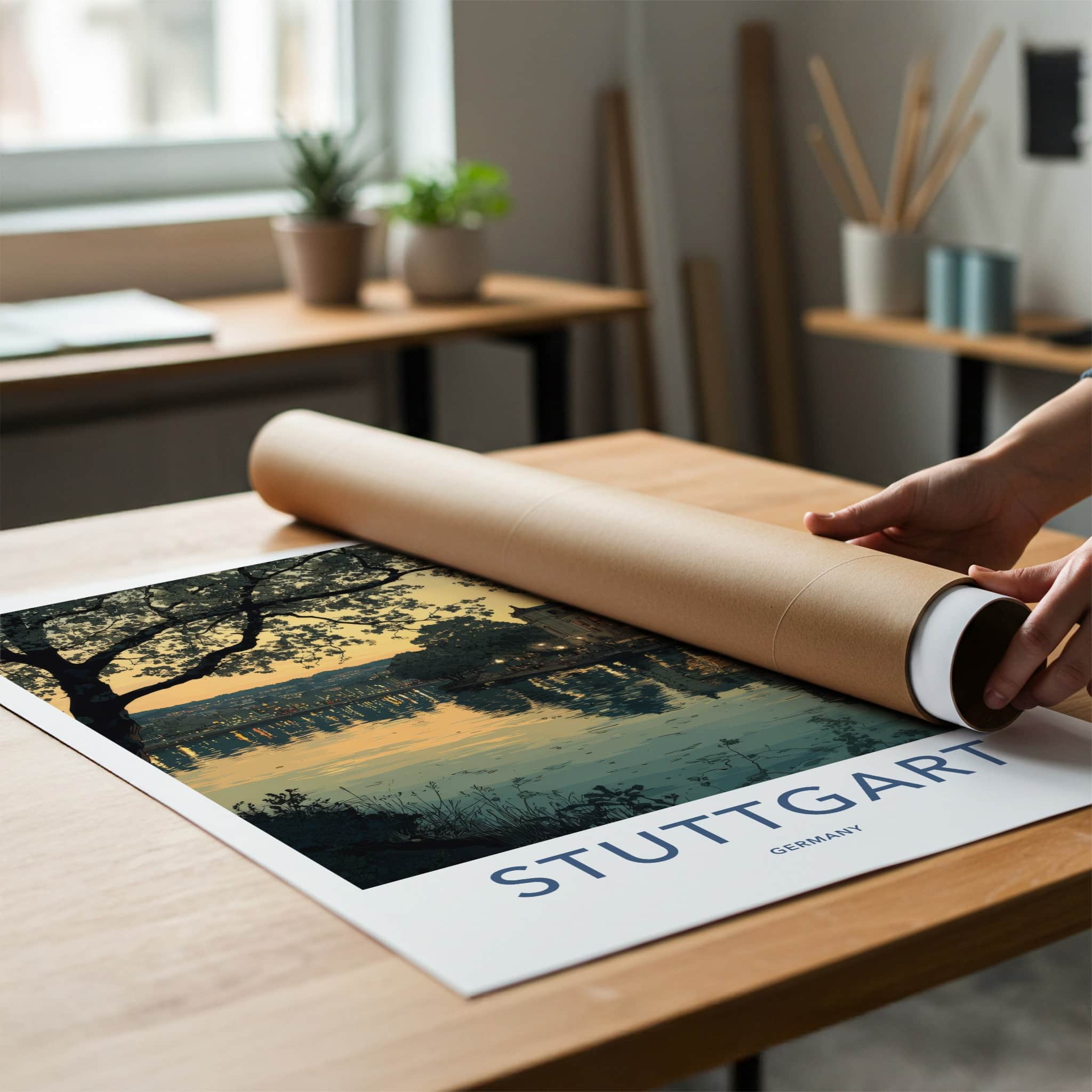 Stuttgart Poster - Germany Travel Art - Dusk lake building Home Decor