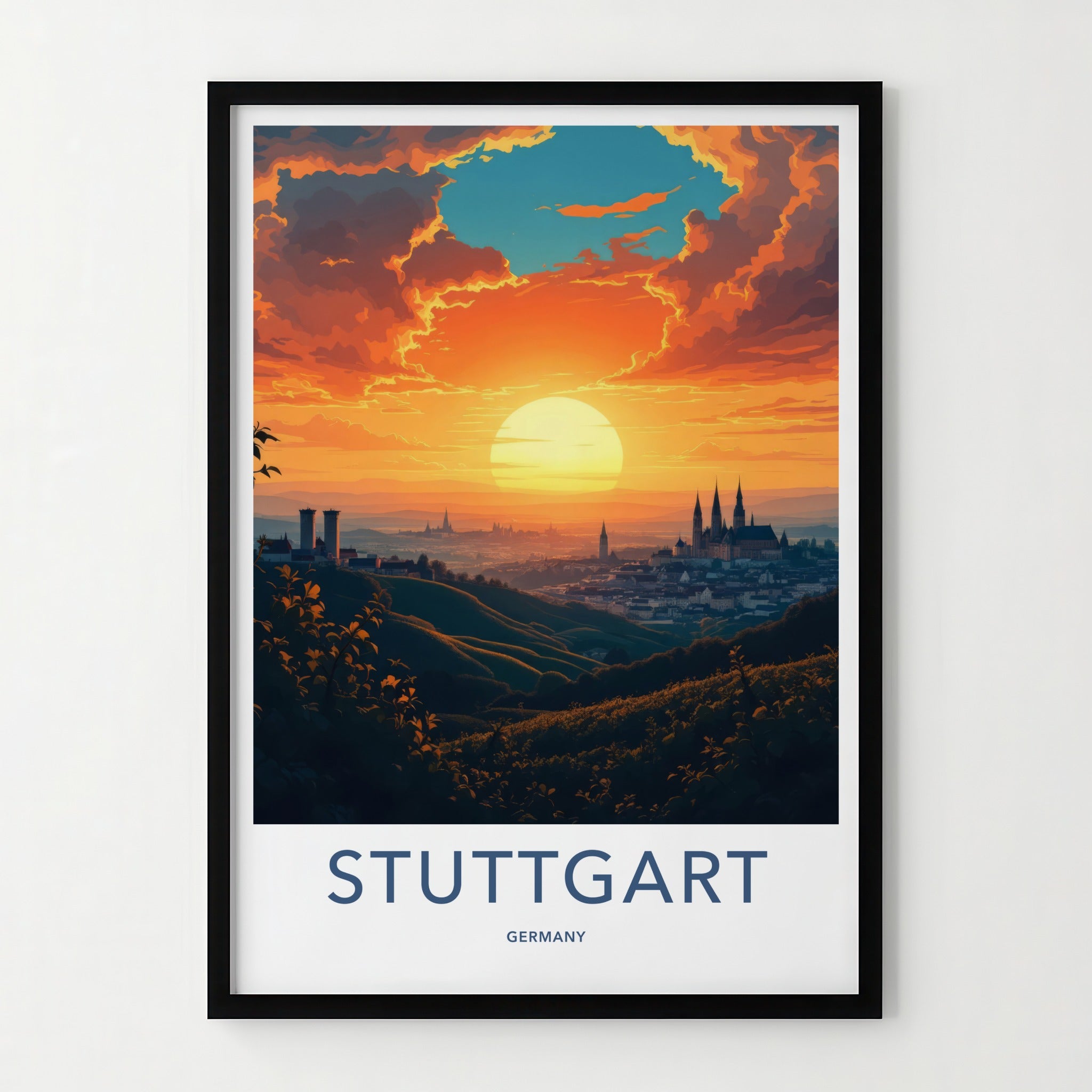 Stuttgart Poster - Germany Travel Art - Golden Sun Cityscape Home Decor