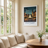 Stuttgart Poster - Germany Travel Art - Illuminated Fountain Square Home Decor