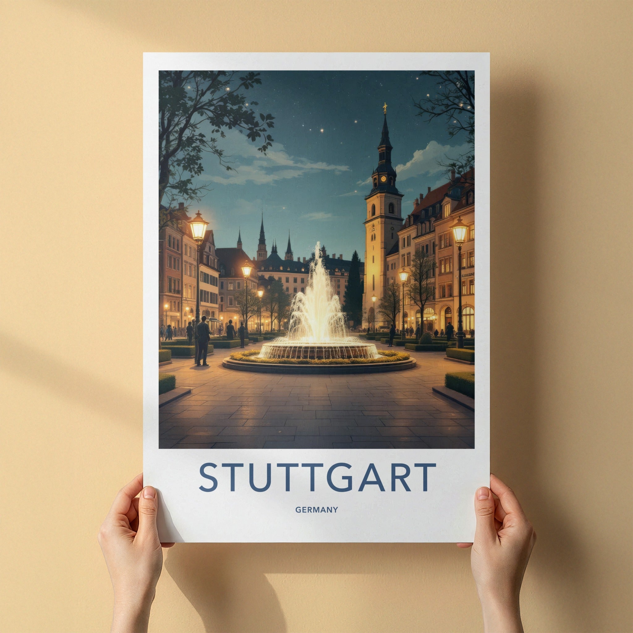 Stuttgart Poster - Germany Travel Art - Illuminated Fountain Square Home Decor