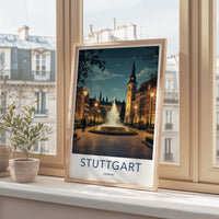 Stuttgart Poster - Germany Travel Art - Illuminated Fountain Square Home Decor