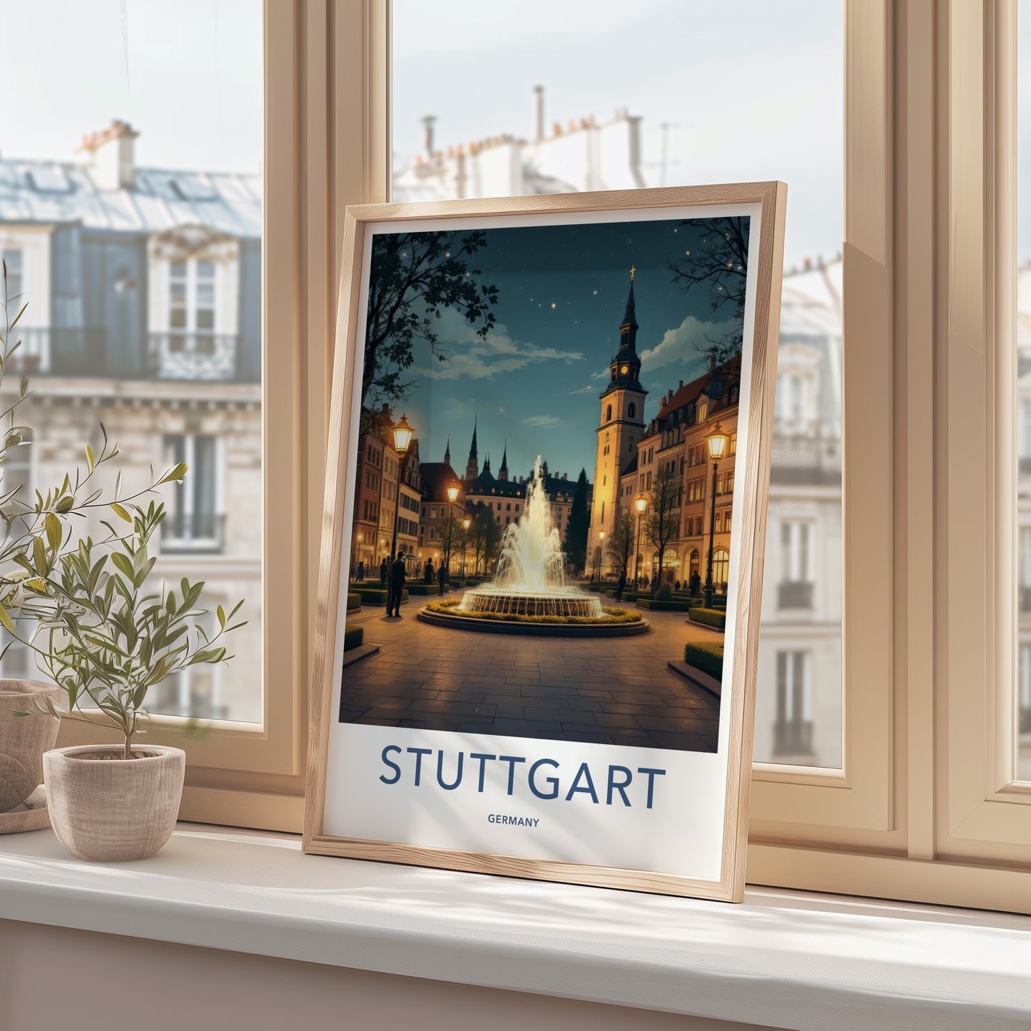 Stuttgart Poster - Germany Travel Art - Illuminated Fountain Square Home Decor