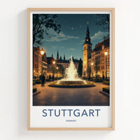 Stuttgart Poster - Germany Travel Art - Illuminated Fountain Square Home Decor