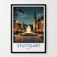 Stuttgart Poster - Germany Travel Art - Illuminated Fountain Square Home Decor