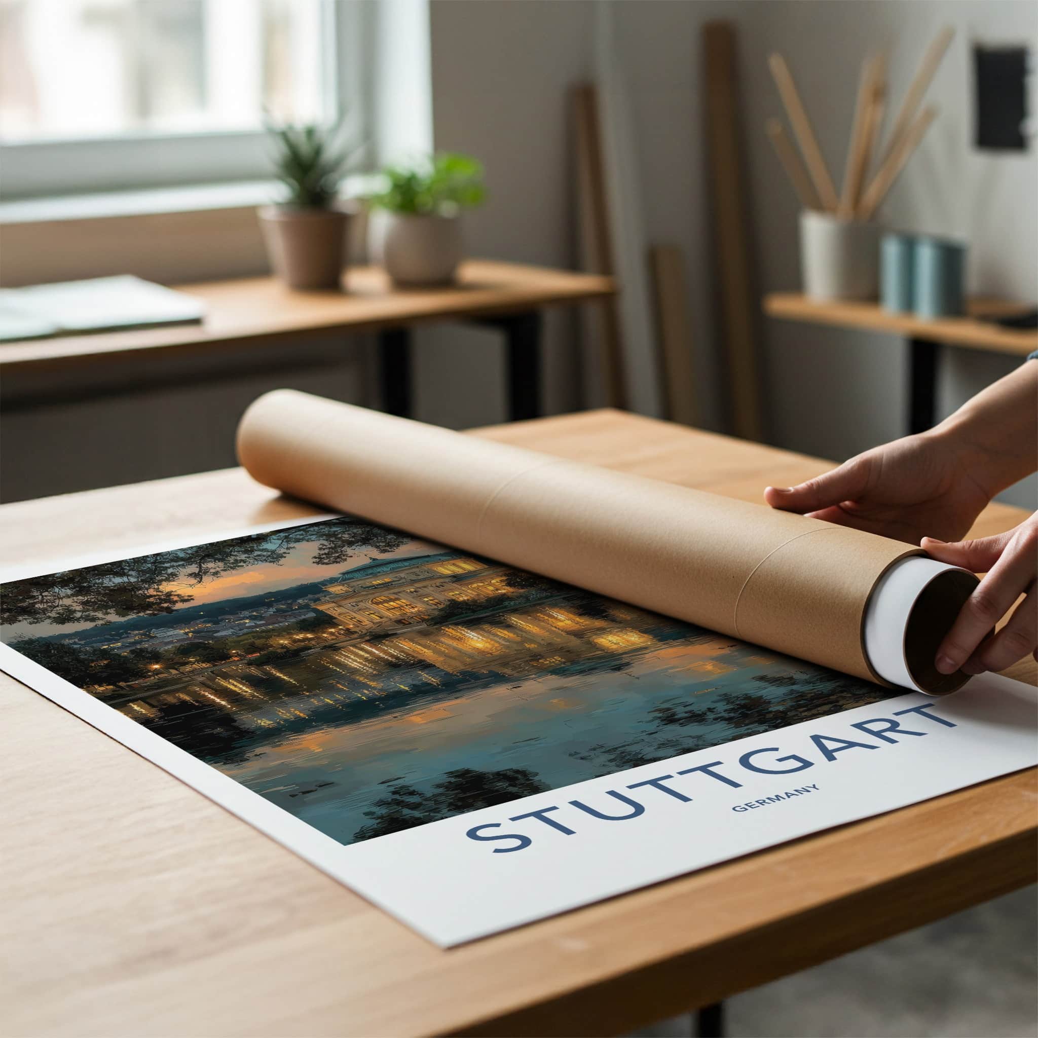 Stuttgart Poster - Germany Travel Art - Lit Building Reflection Home Decor