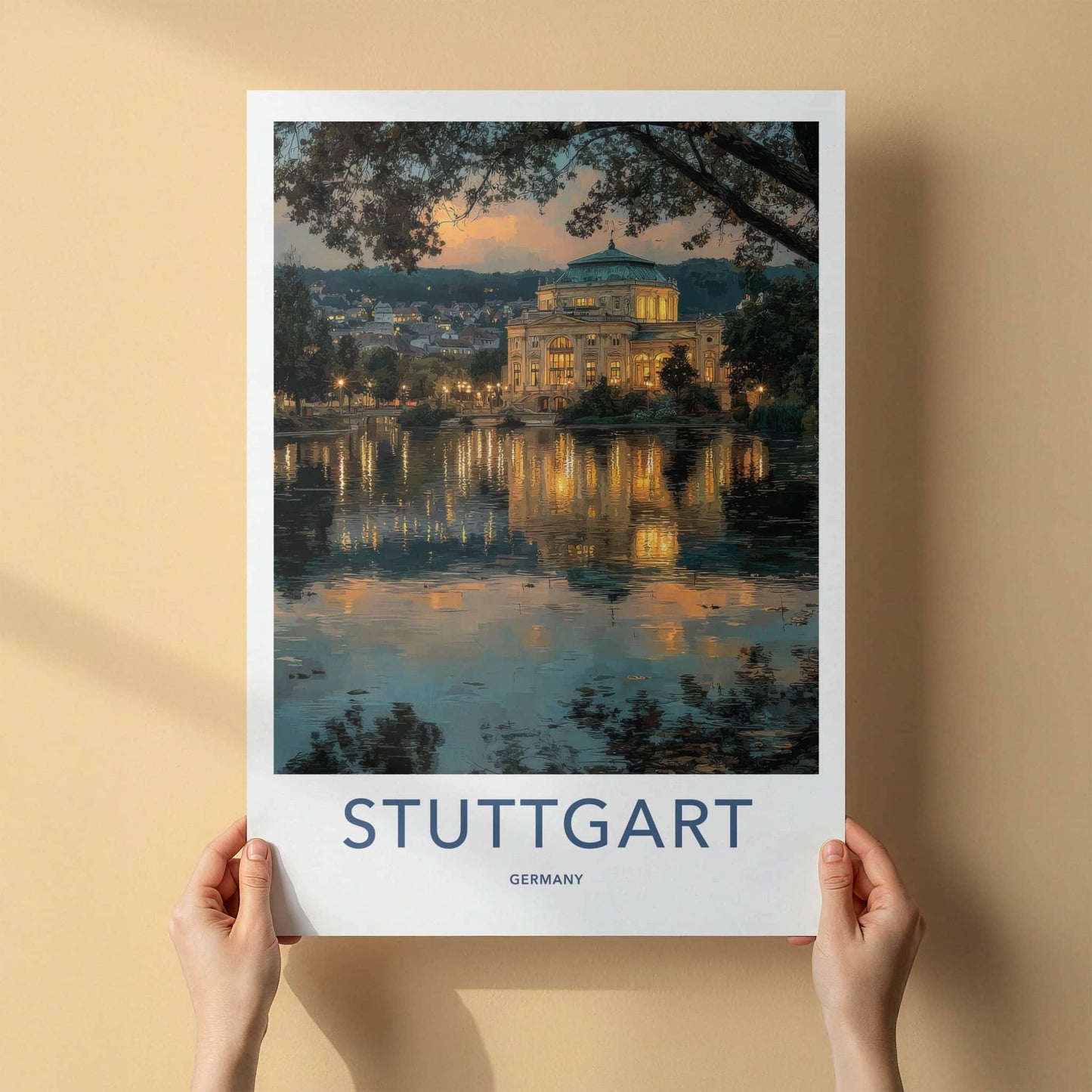Stuttgart Poster - Germany Travel Art - Lit Building Reflection Home Decor