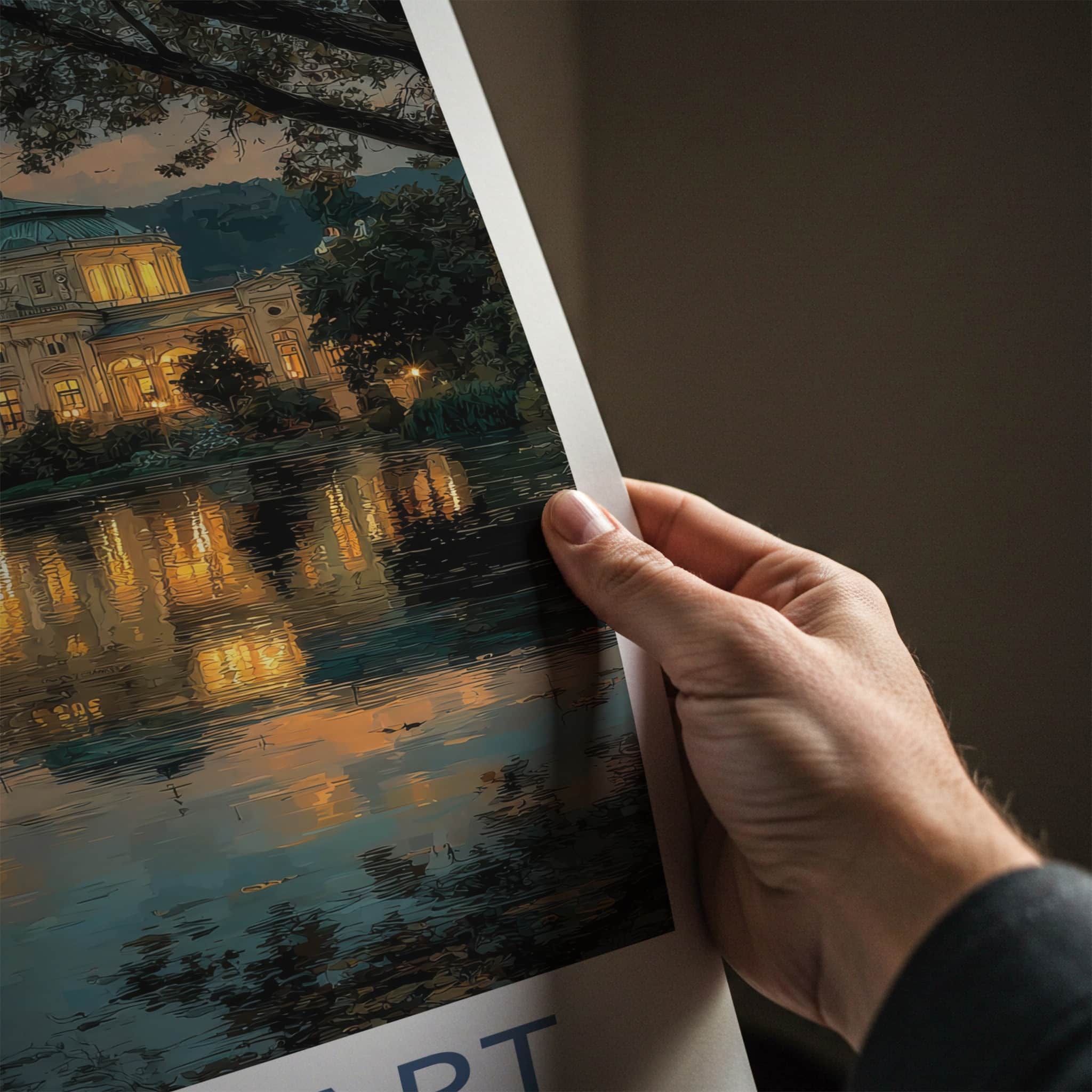 Stuttgart Poster - Germany Travel Art - Lit Building Reflection Home Decor