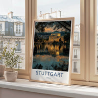 Stuttgart Poster - Germany Travel Art - Lit Building Reflection Home Decor