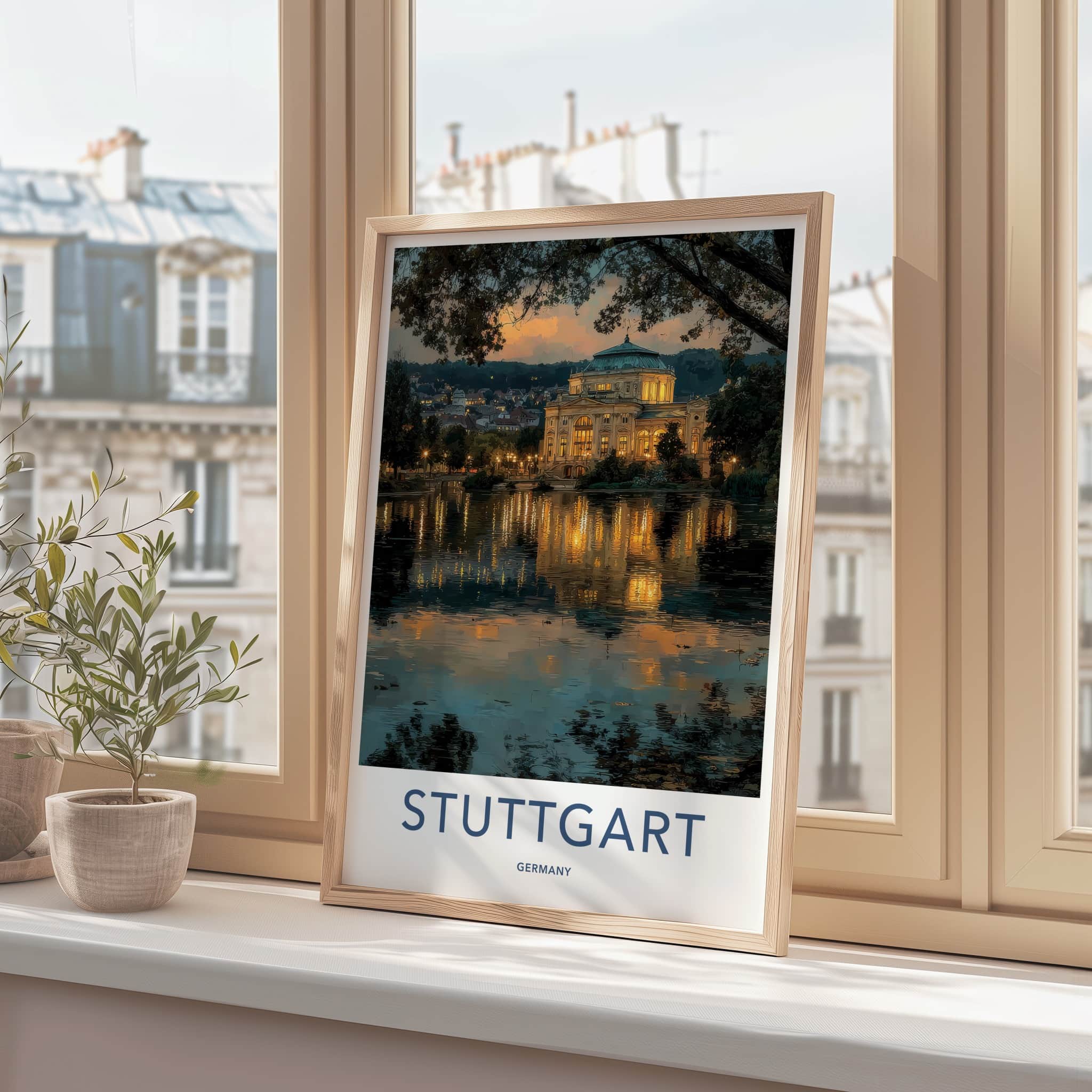 Stuttgart Poster - Germany Travel Art - Lit Building Reflection Home Decor