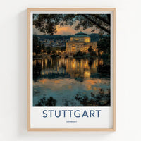 Stuttgart Poster - Germany Travel Art - Lit Building Reflection Home Decor