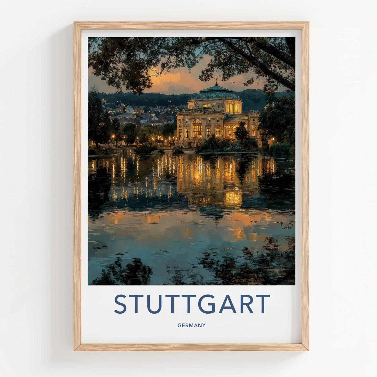 Stuttgart Poster - Germany Travel Art - Lit Building Reflection Home Decor