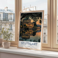 Stuttgart Poster - Germany Travel Art - Riverside Building Lights Home Decor