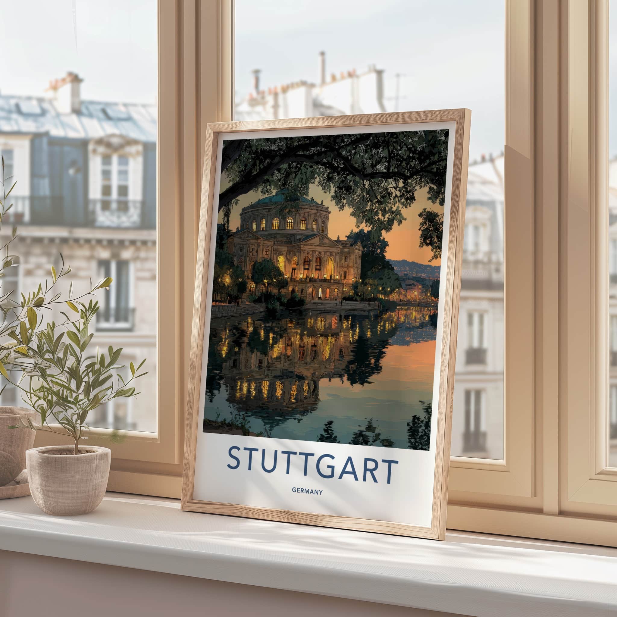 Stuttgart Poster - Germany Travel Art - Riverside Building Lights Home Decor