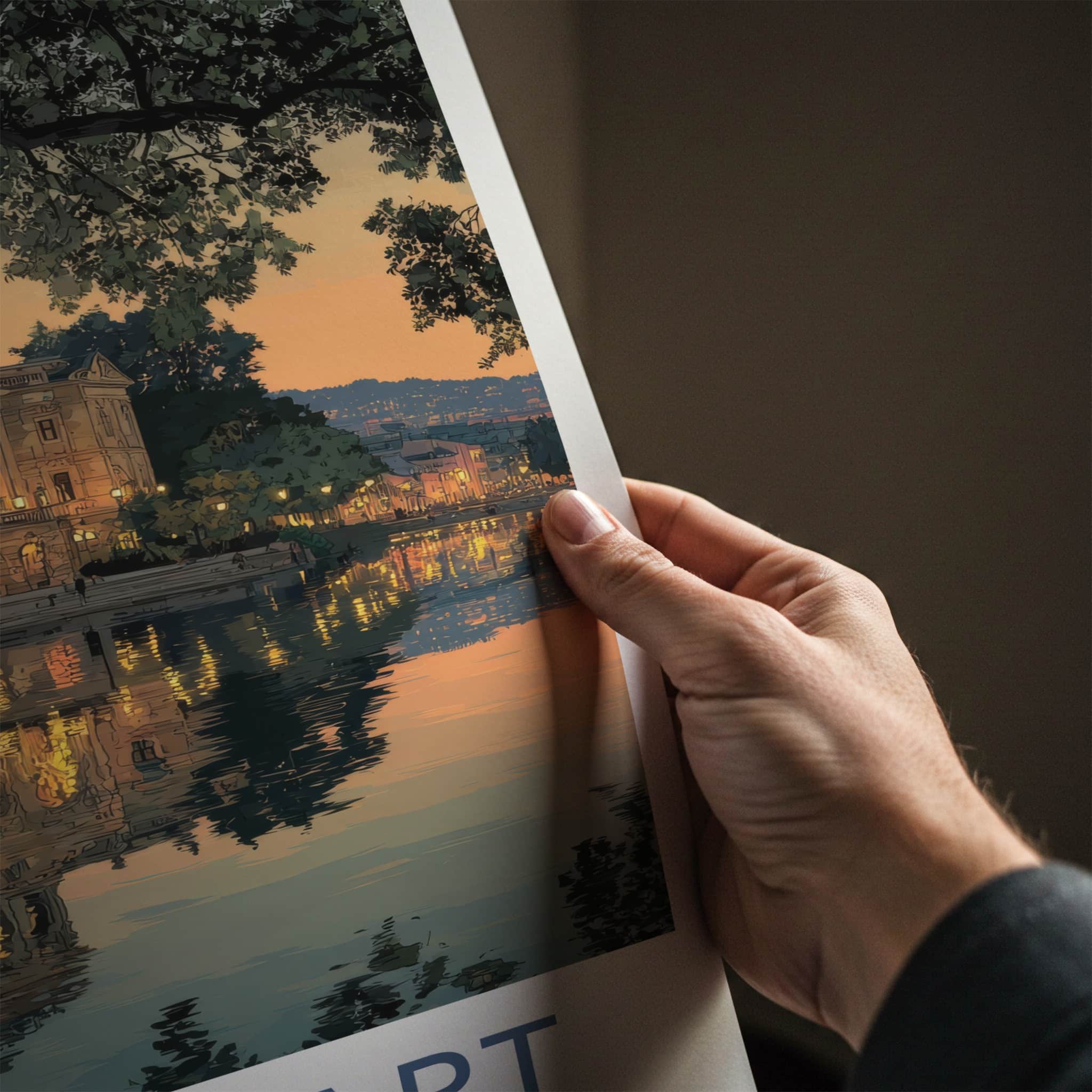 Stuttgart Poster - Germany Travel Art - Riverside Building Lights Home Decor