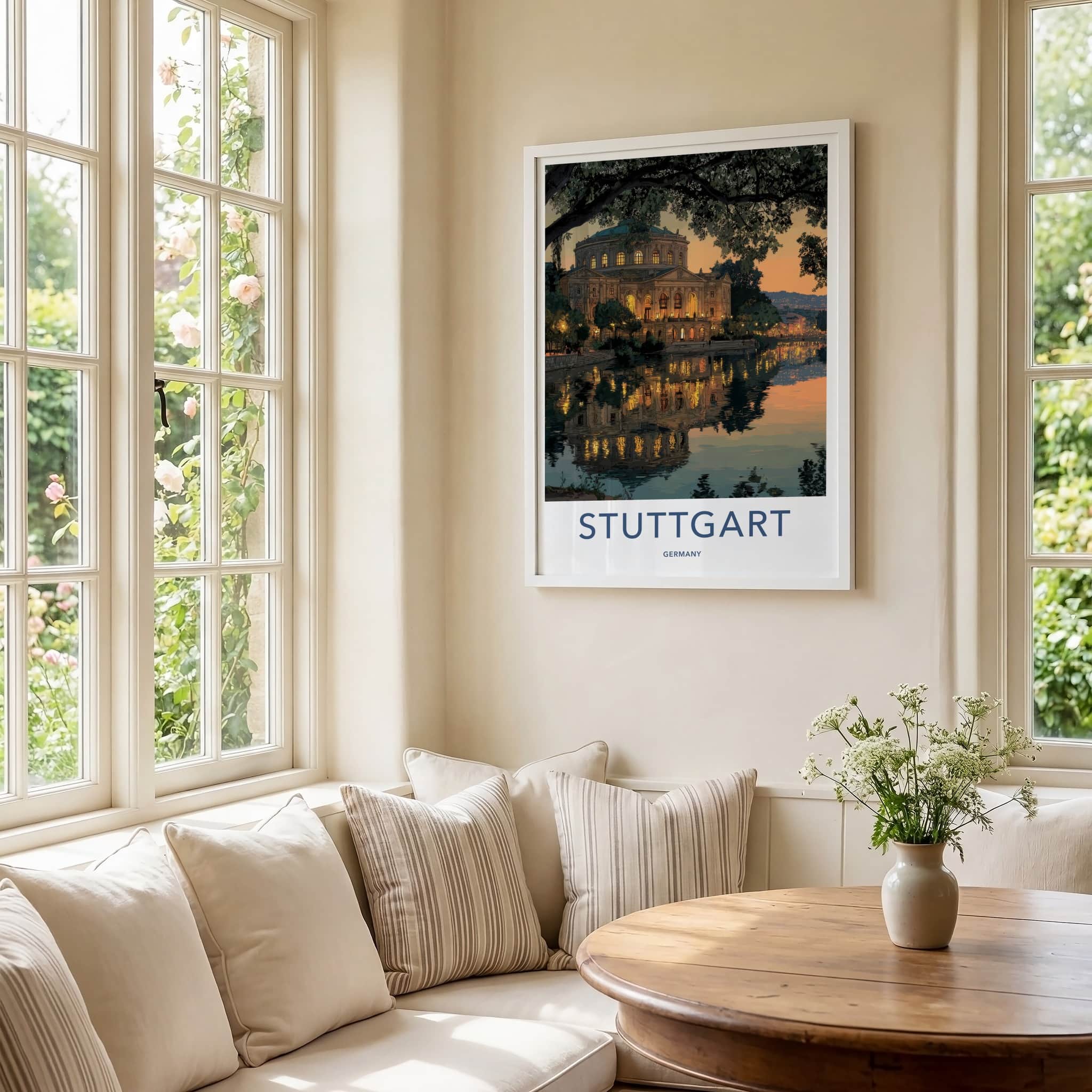 Stuttgart Poster - Germany Travel Art - Riverside Building Lights Home Decor