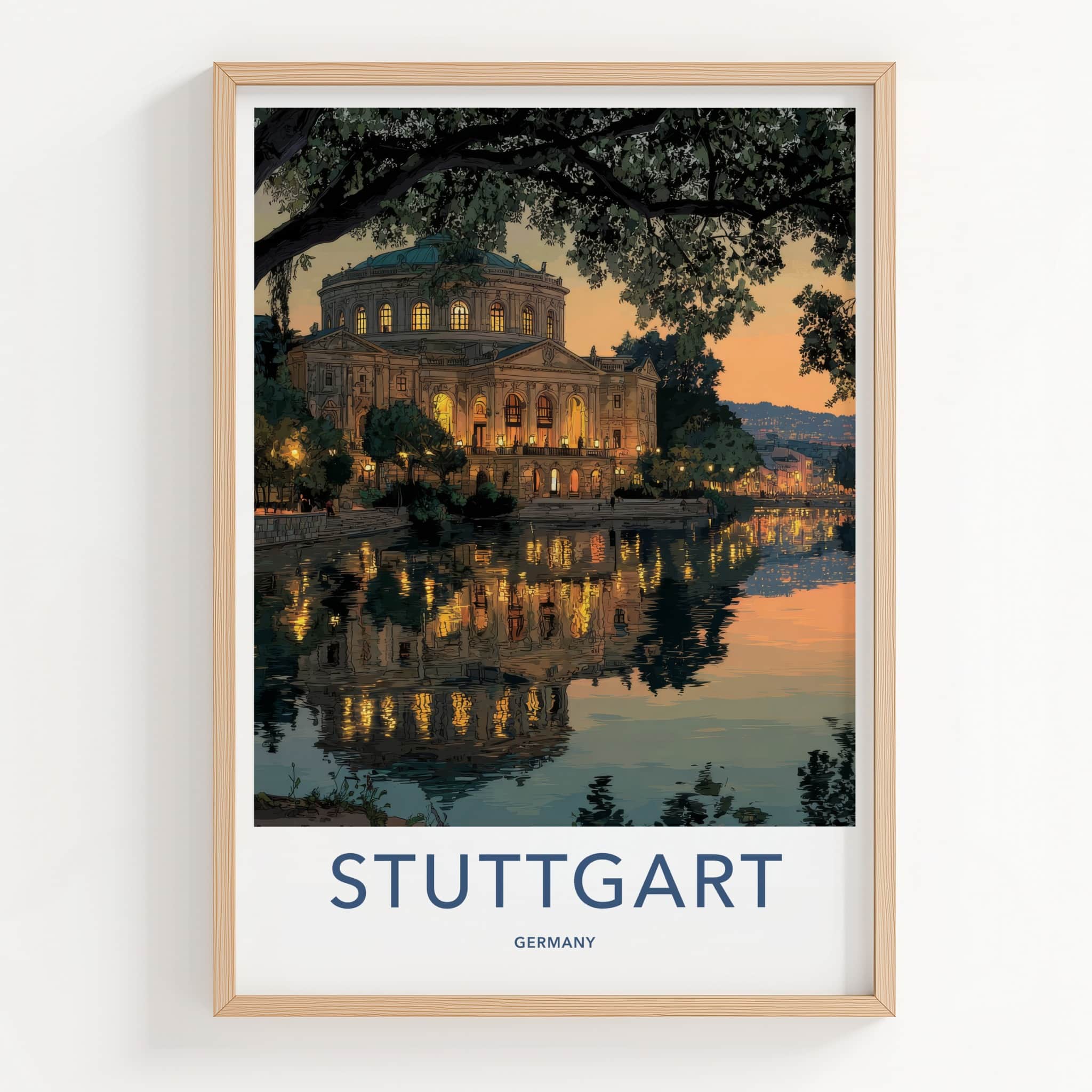 Stuttgart Poster - Germany Travel Art - Riverside Building Lights Home Decor