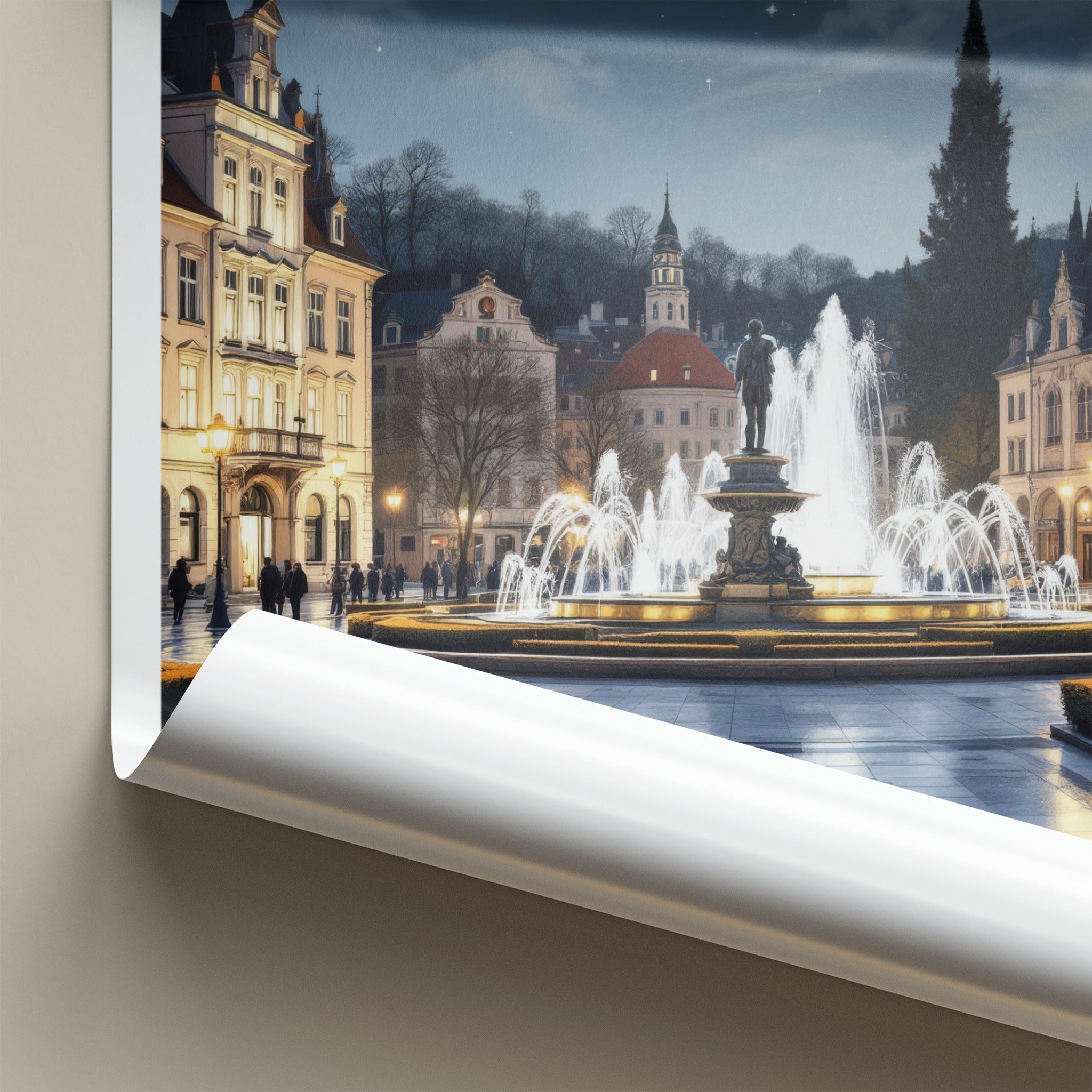 Stuttgart Poster - Germany Travel Print - Illuminated Fountain Square Home Decor