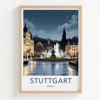 Stuttgart Poster - Germany Travel Print - Illuminated Fountain Square Home Decor