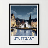 Stuttgart Poster - Germany Travel Print - Illuminated Fountain Square Home Decor