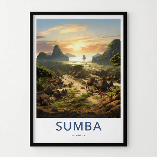 Sumba Poster - Indonesia Framed Print - Hut Village Sunset Framed Decor