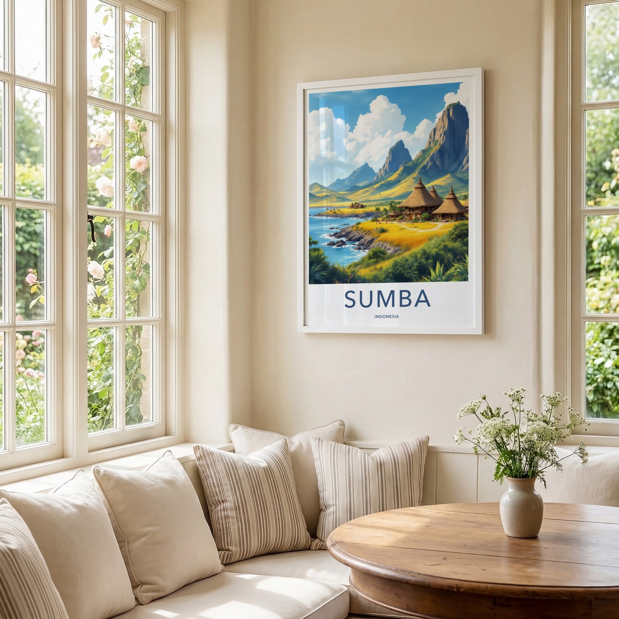 Sumba Poster - Indonesia Travel Art - Coastal Thatched Huts Home Decor