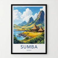 Sumba Poster - Indonesia Travel Art - Coastal Thatched Huts Home Decor