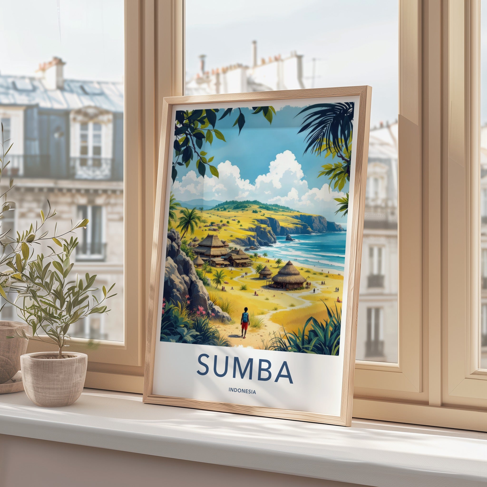Sumba Poster - Indonesia Travel Art - Coastal Village Huts Home Decor