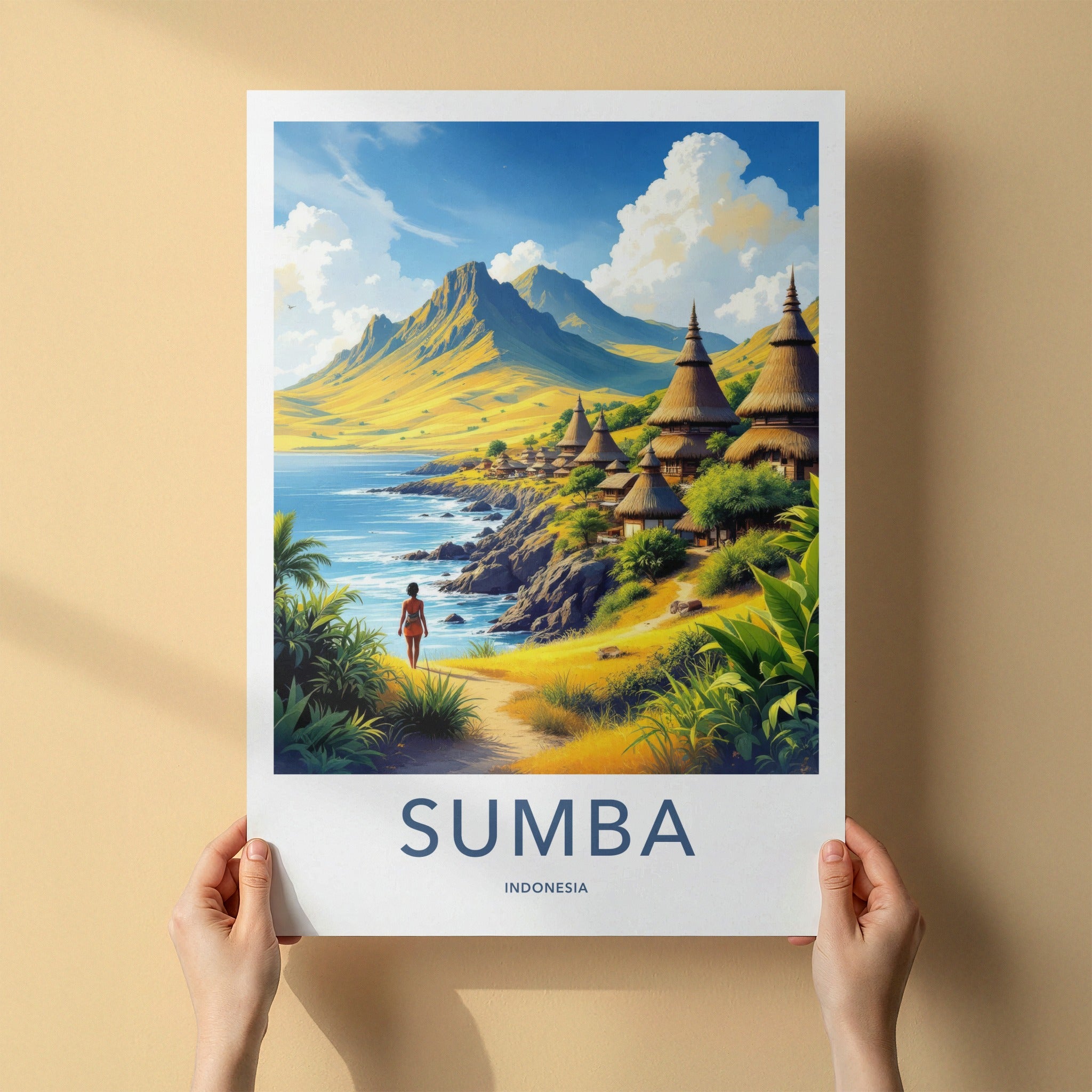Sumba Poster - Indonesia Travel Art - Tropical Island Huts Home Decor