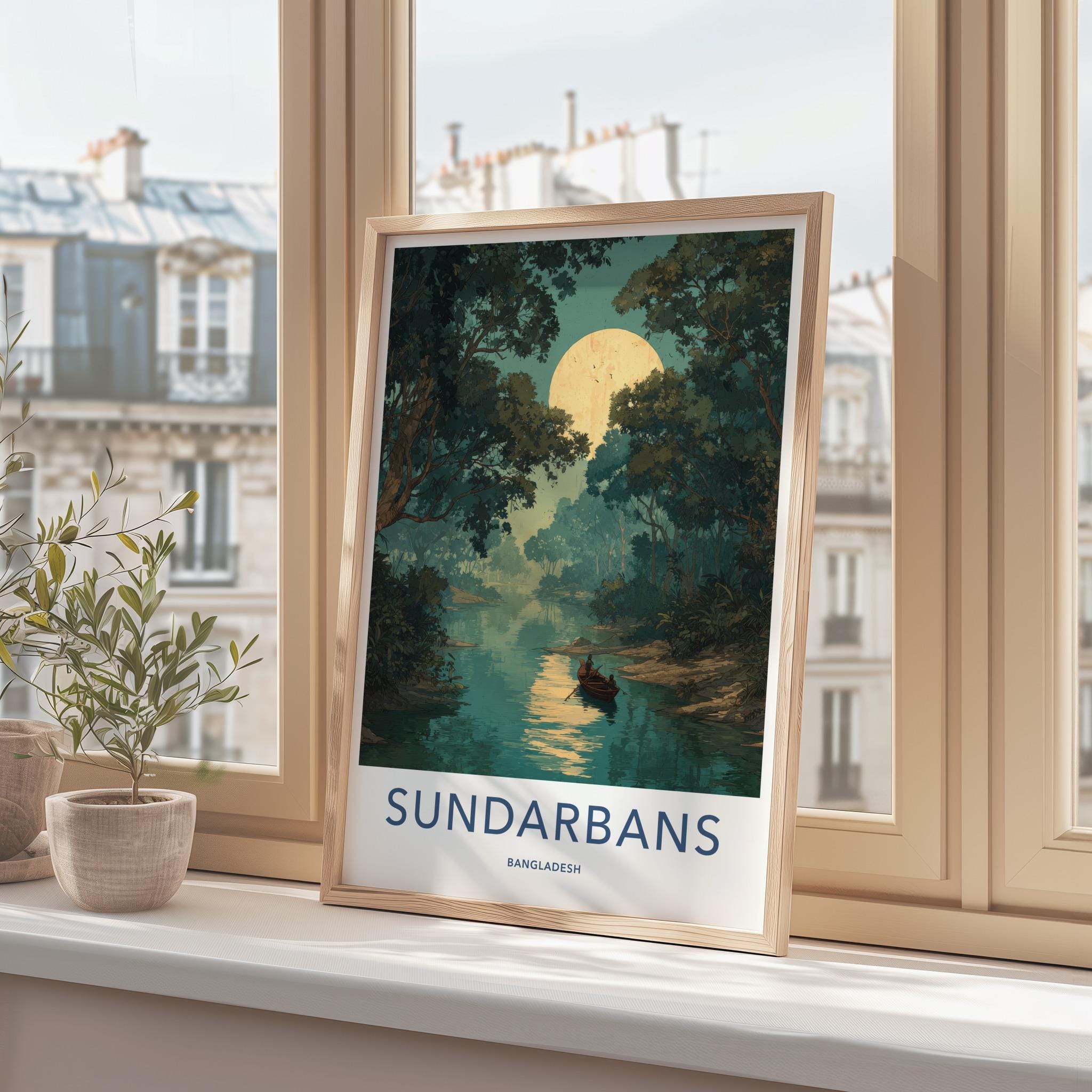 Sundarbans Poster - Bangladesh Travel Art - Moonlit Jungle Boat Home Decor