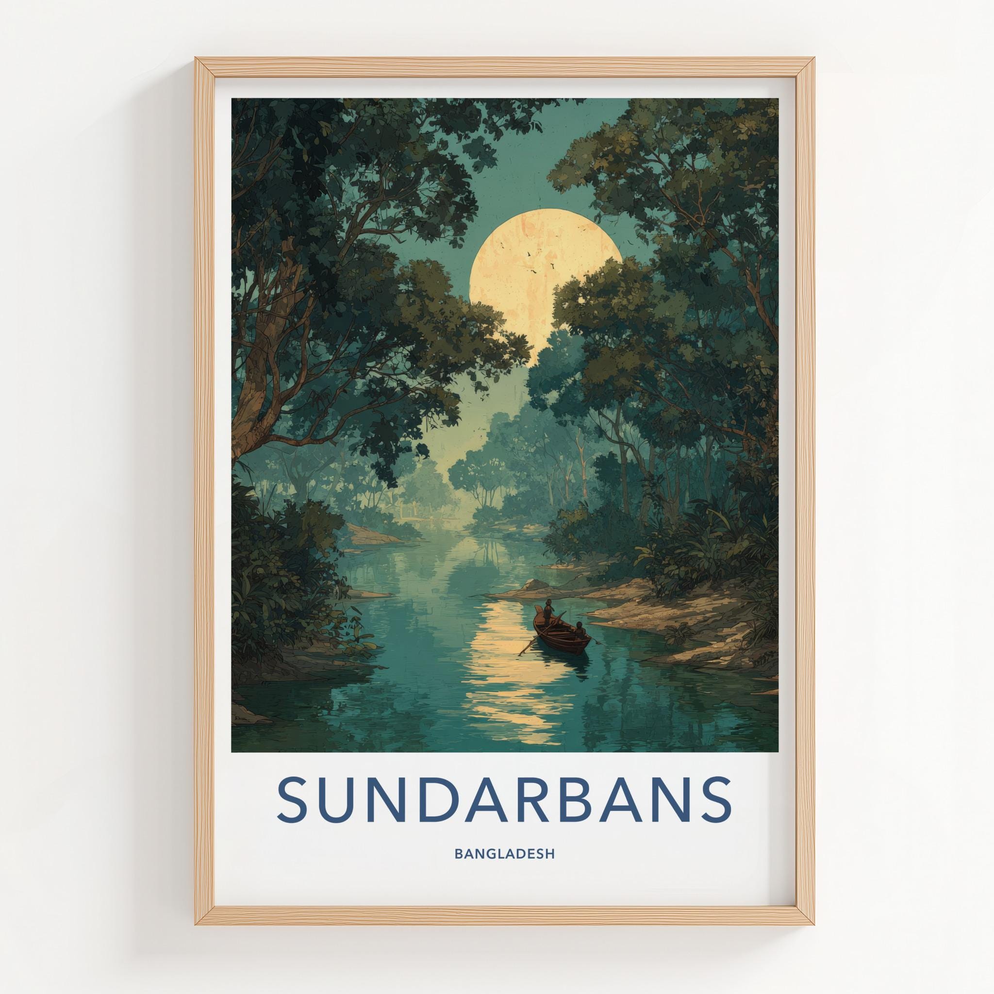 Sundarbans Poster - Bangladesh Travel Art - Moonlit Jungle Boat Home Decor