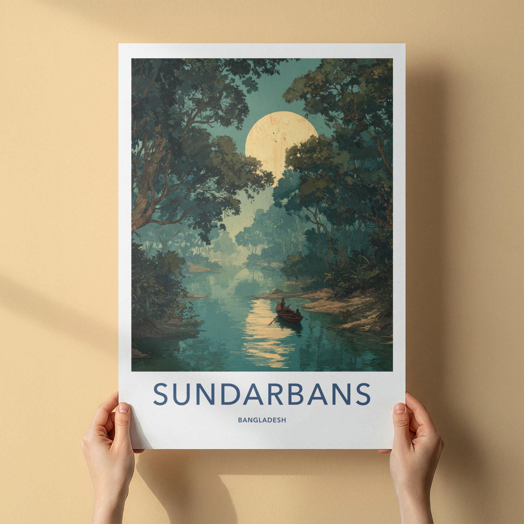 Sundarbans Poster - Bangladesh Travel Art - Moonlit Jungle Boat Home Decor