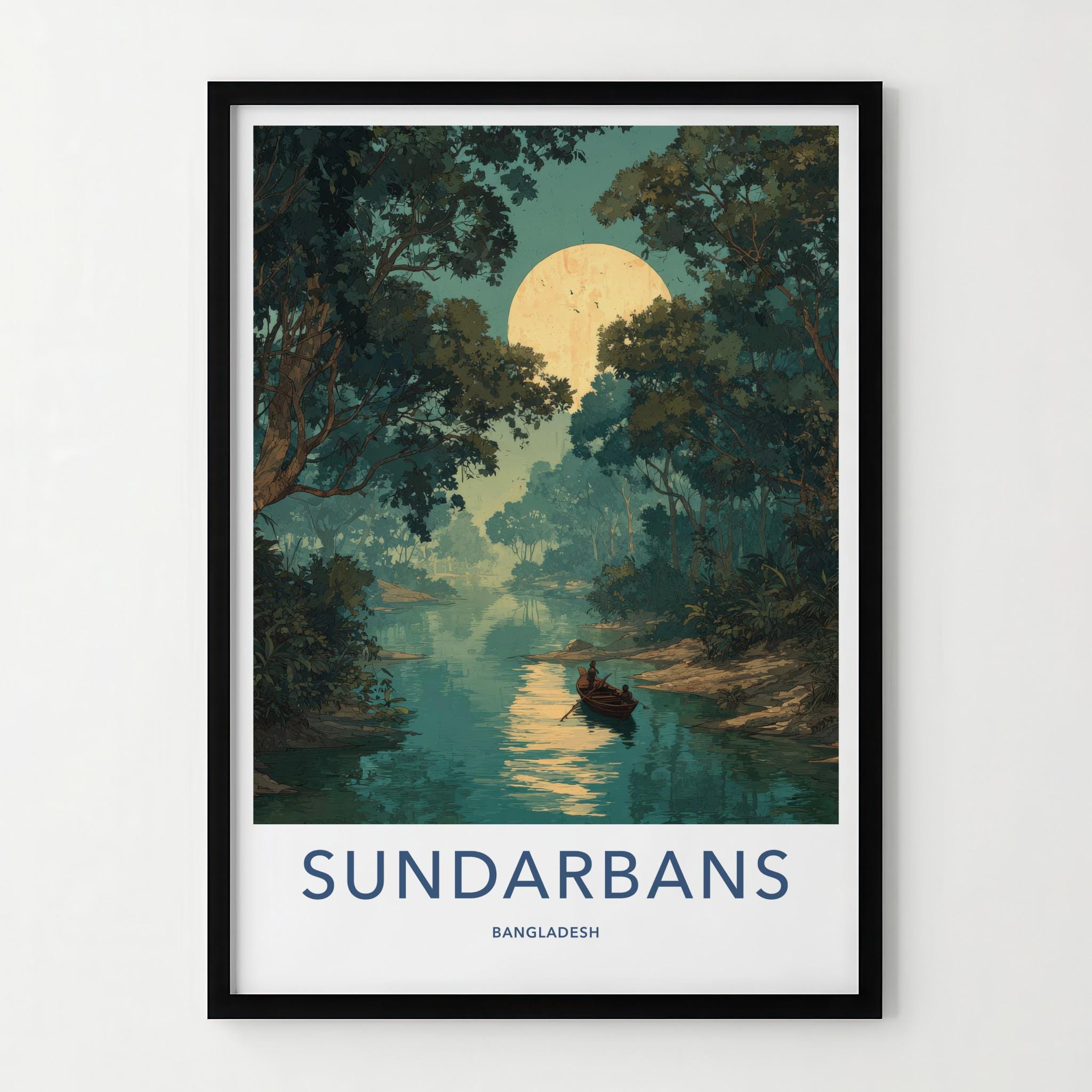 Sundarbans Poster - Bangladesh Travel Art - Moonlit Jungle Boat Home Decor