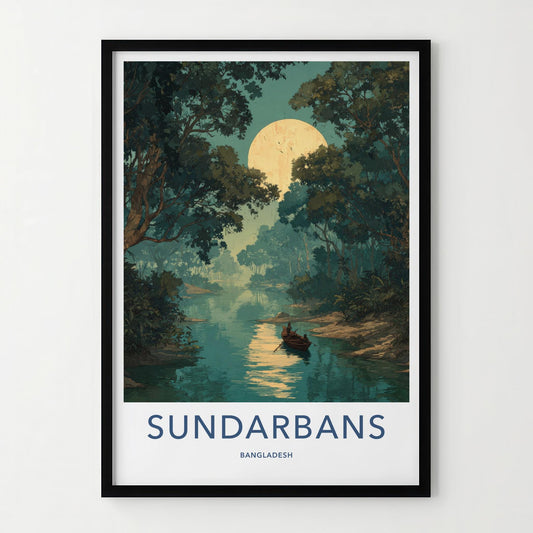 Sundarbans Poster - Bangladesh Travel Art - Moonlit Jungle Boat Home Decor