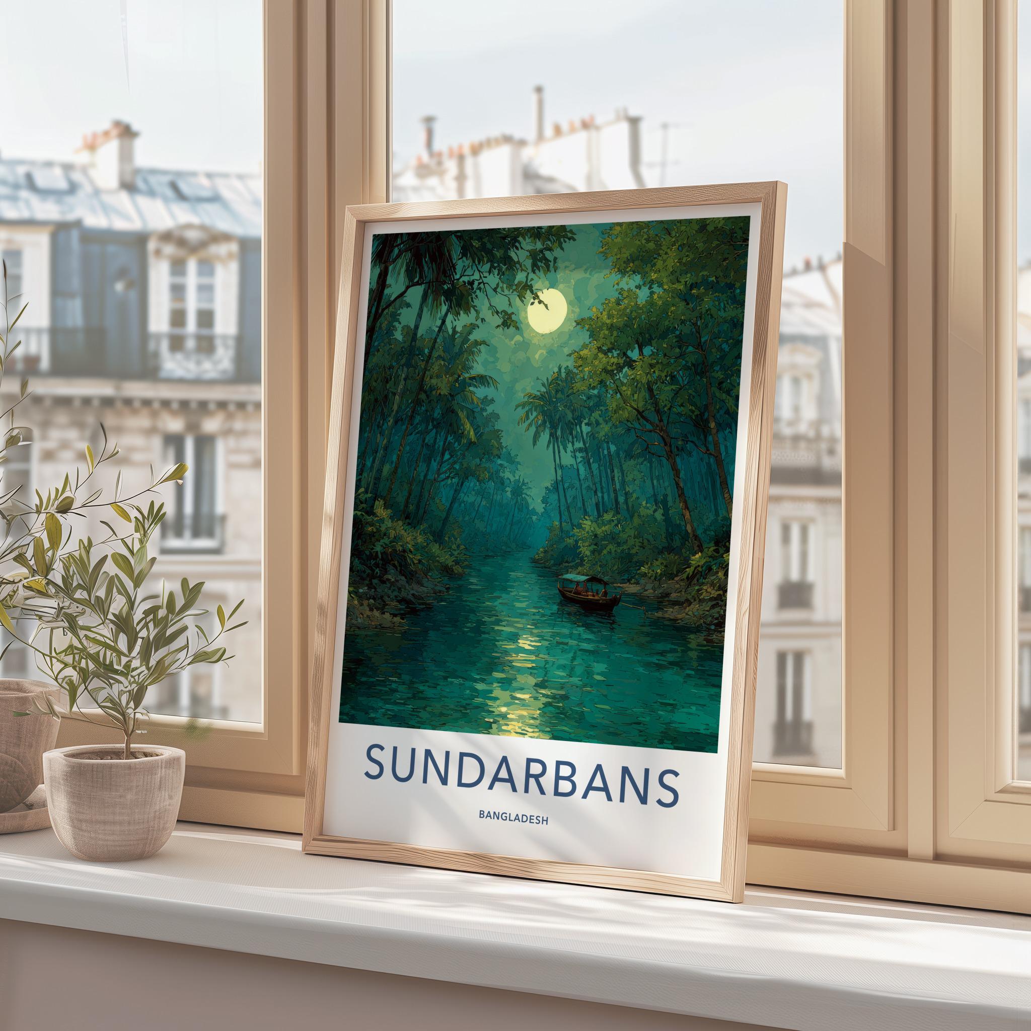 Sundarbans Poster - Bangladesh Travel Art - Moonlit River Boat Home Decor