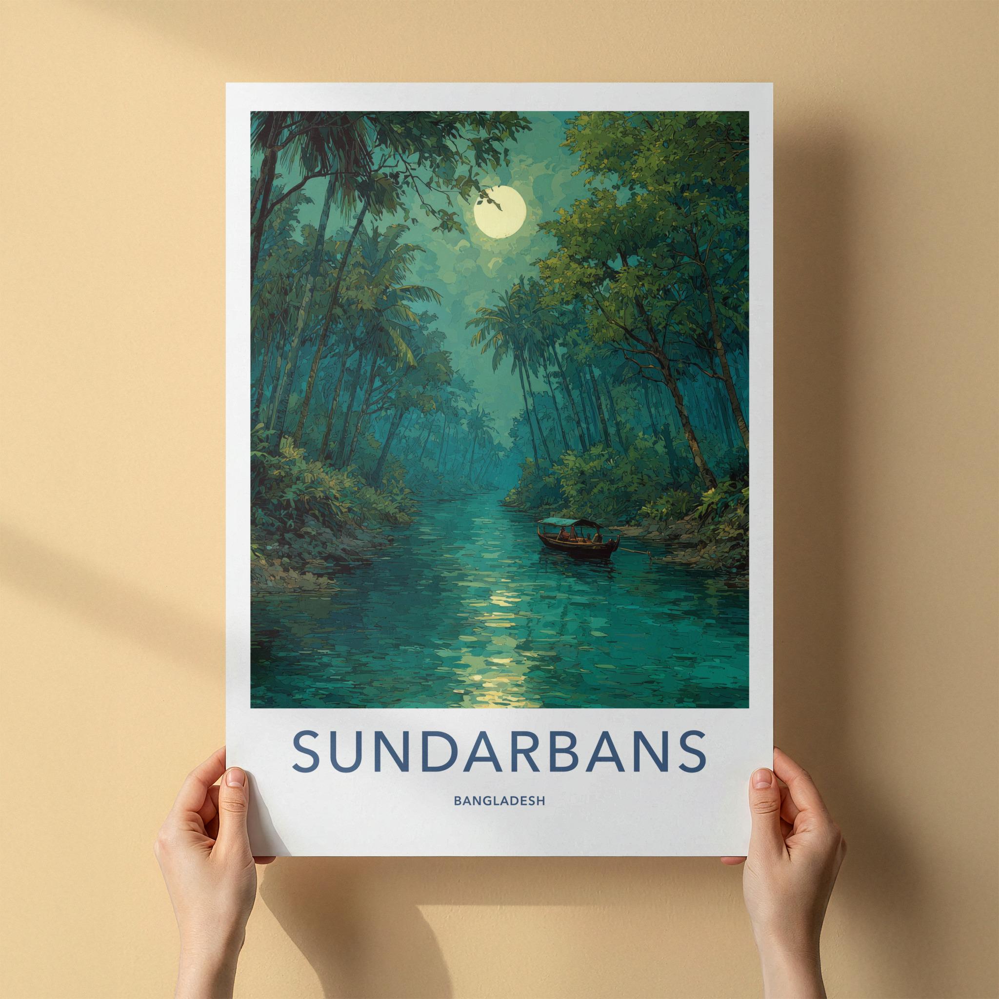 Sundarbans Poster - Bangladesh Travel Art - Moonlit River Boat Home Decor