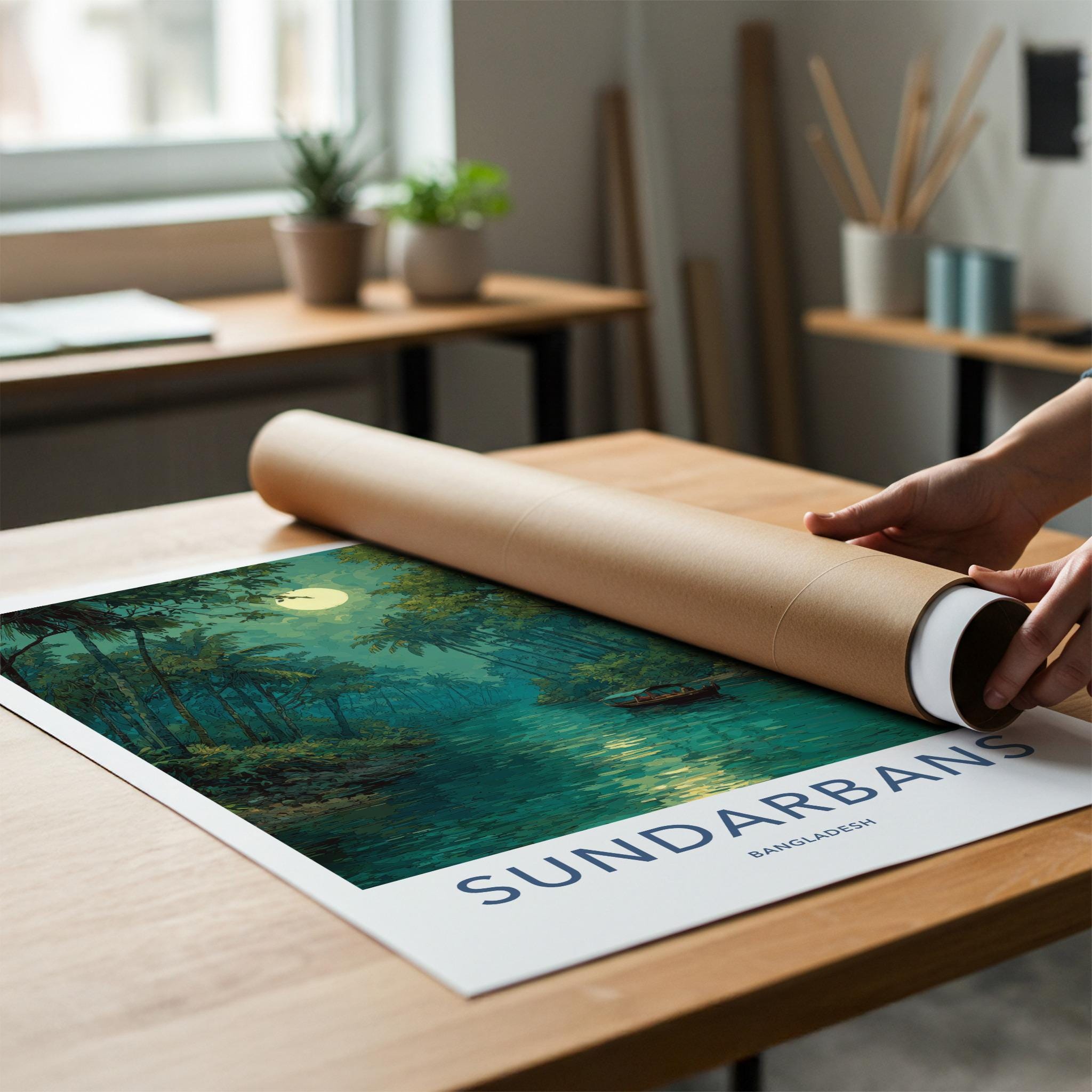 Sundarbans Poster - Bangladesh Travel Art - Moonlit River Boat Home Decor