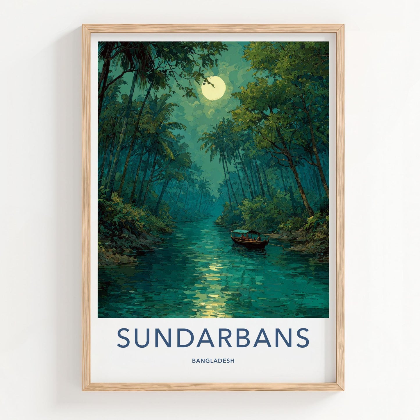 Sundarbans Poster - Bangladesh Travel Art - Moonlit River Boat Home Decor