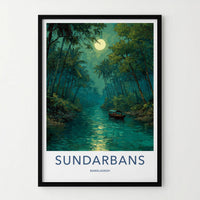 Sundarbans Poster - Bangladesh Travel Art - Moonlit River Boat Home Decor