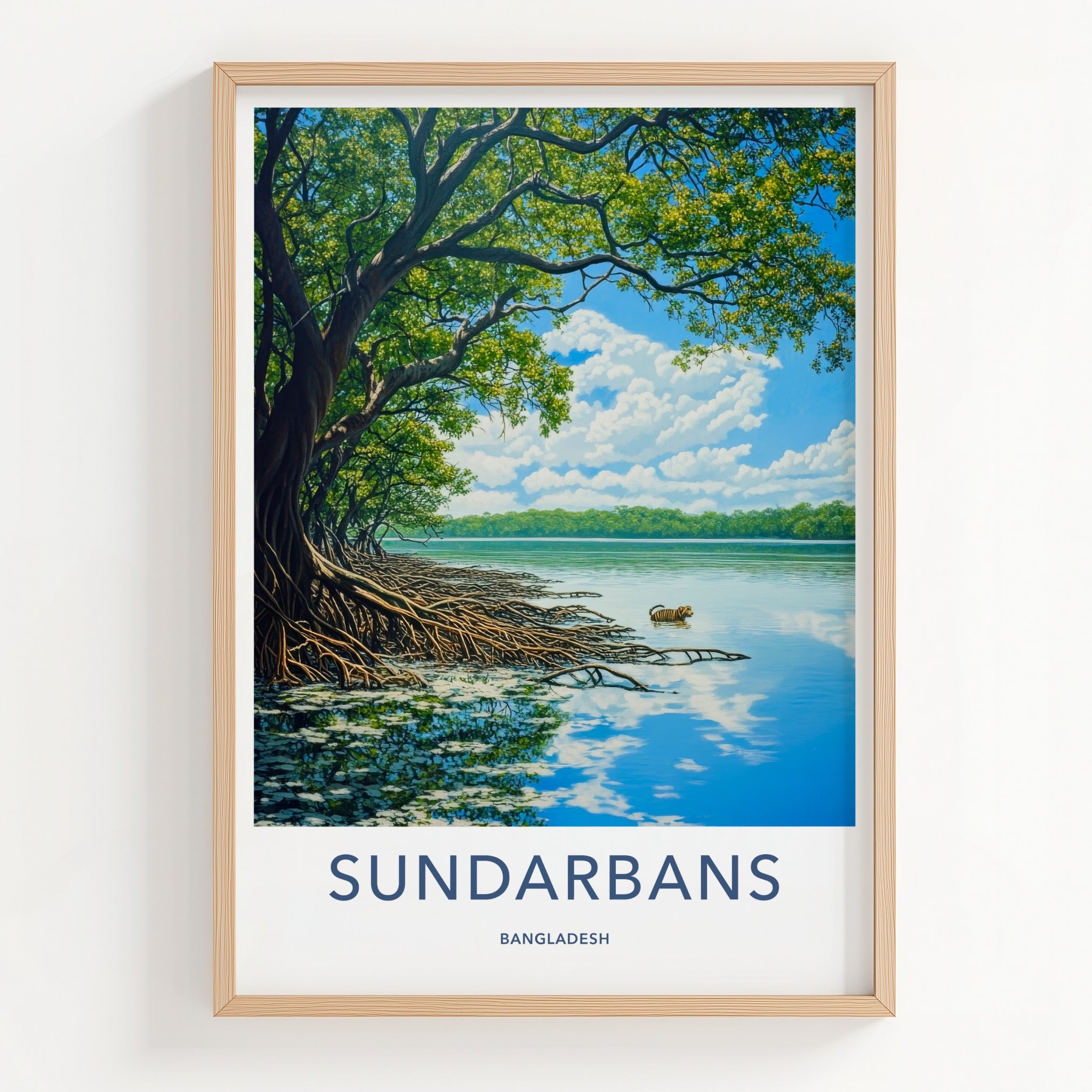 Sundarbans Poster - Bangladesh Travel Art - Swimming Tiger Mangroves Home Decor