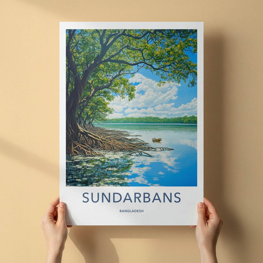 Sundarbans Poster - Bangladesh Travel Art - Swimming Tiger Mangroves Home Decor