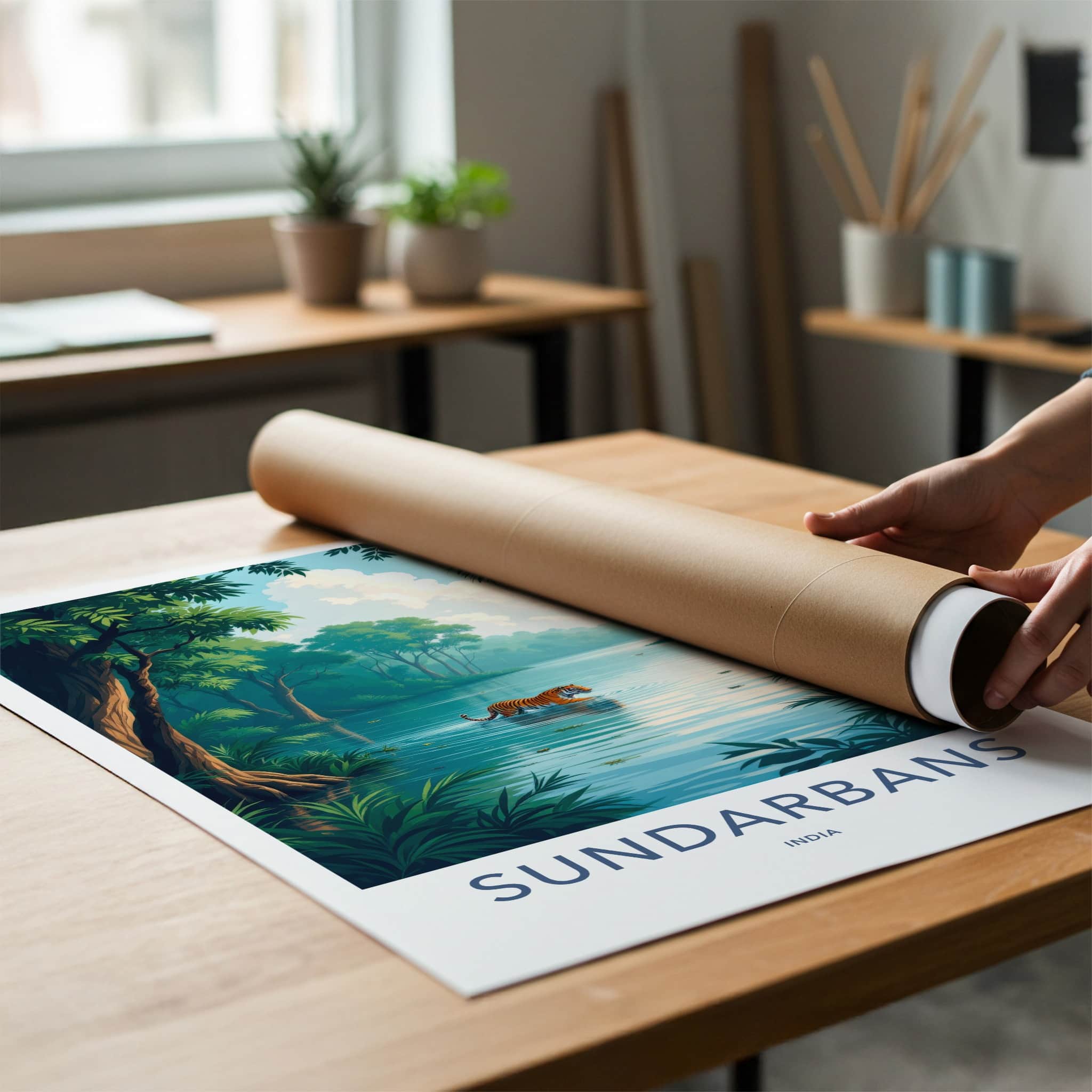 Sundarbans Poster - India Travel Art - West Bengal Tiger Wades Water Home Decor