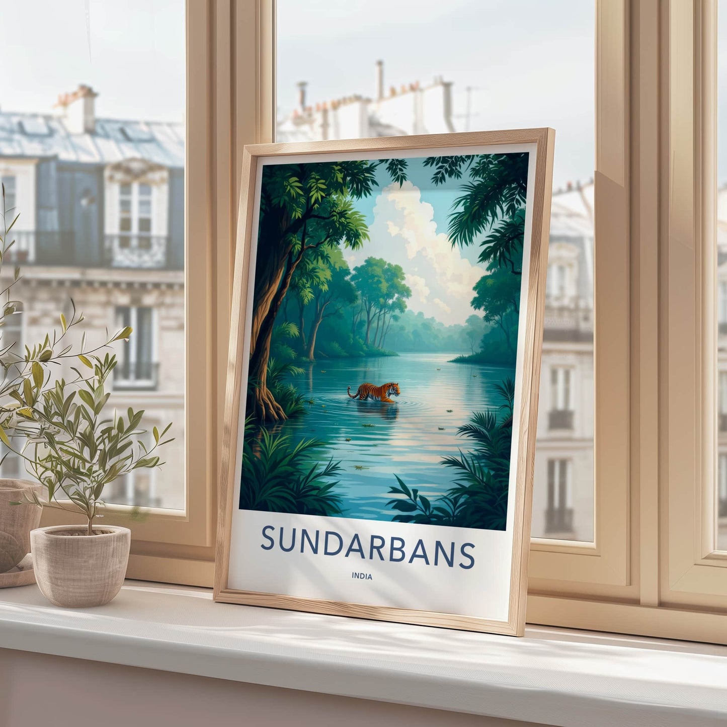 Sundarbans Poster - India Travel Art - West Bengal Tiger Wades Water Home Decor