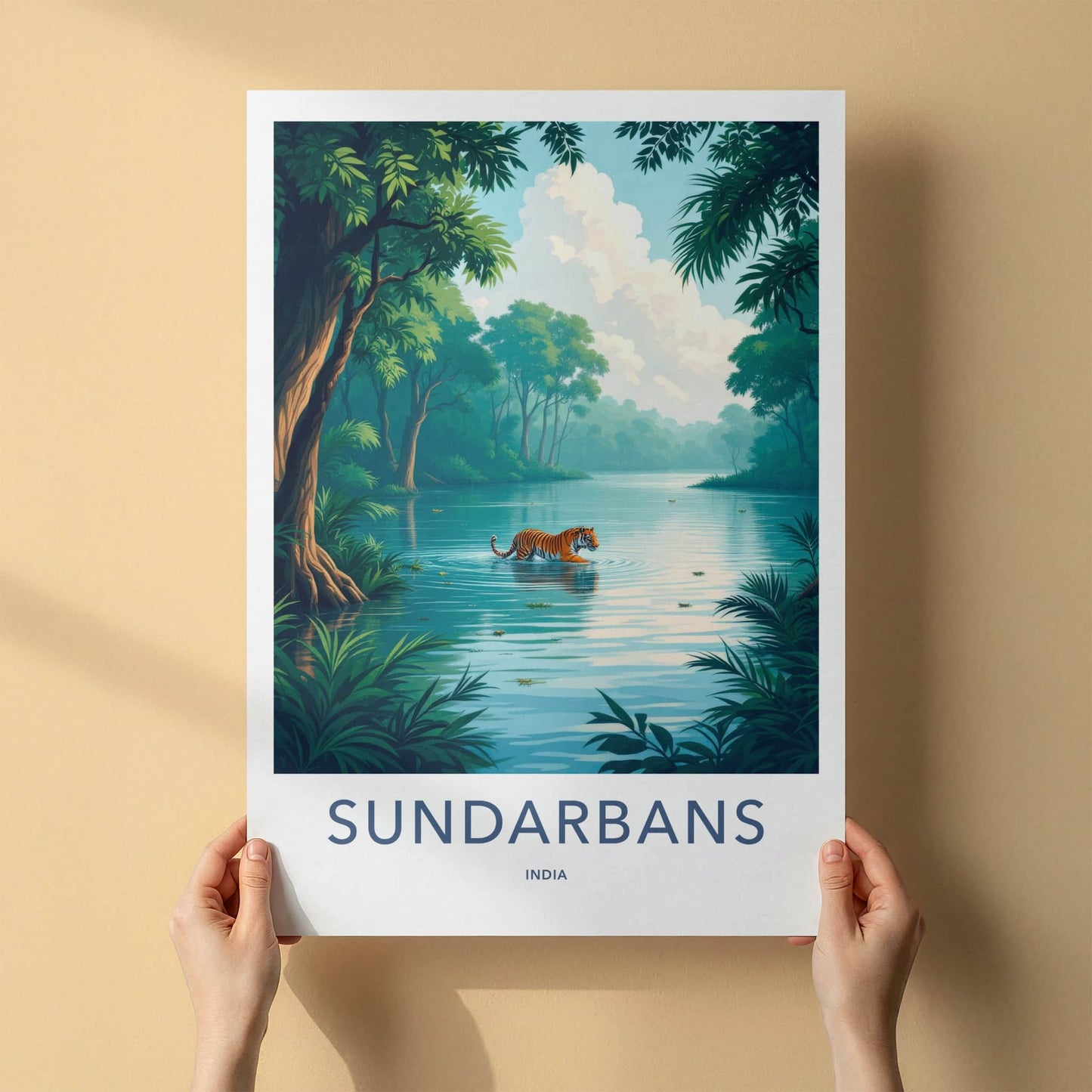 Sundarbans Poster - India Travel Art - West Bengal Tiger Wades Water Home Decor