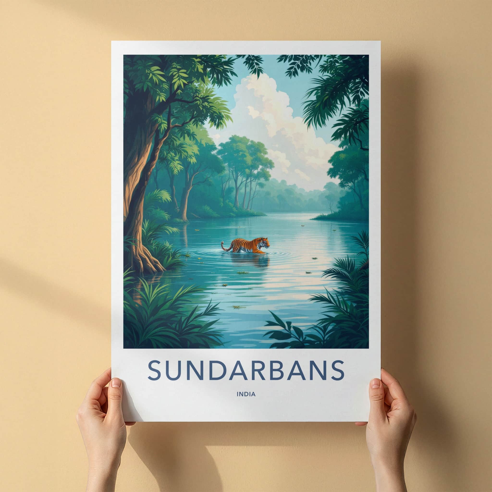 Sundarbans Poster - India Travel Art - West Bengal Tiger Wades Water Home Decor