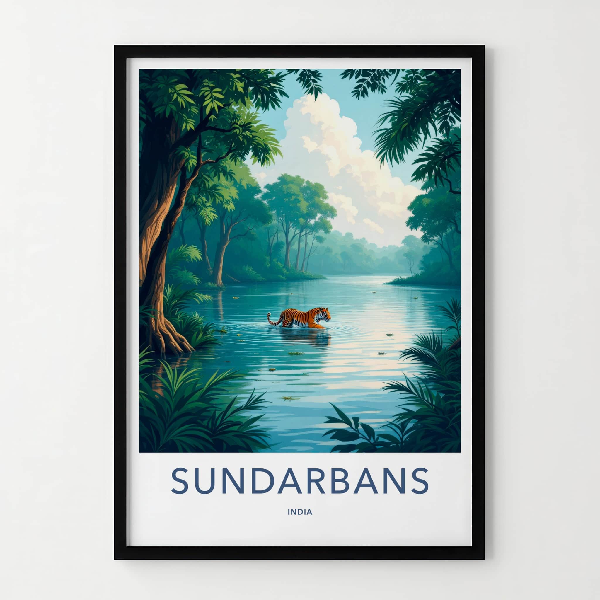 Sundarbans Poster - India Travel Art - West Bengal Tiger Wades Water Home Decor