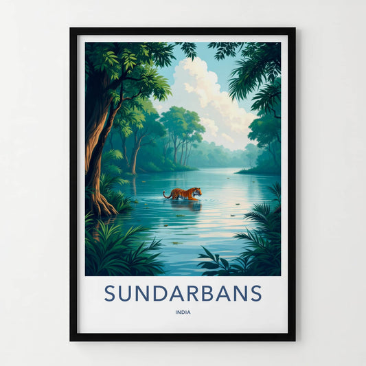 Sundarbans Poster - India Travel Art - West Bengal Tiger Wades Water Home Decor